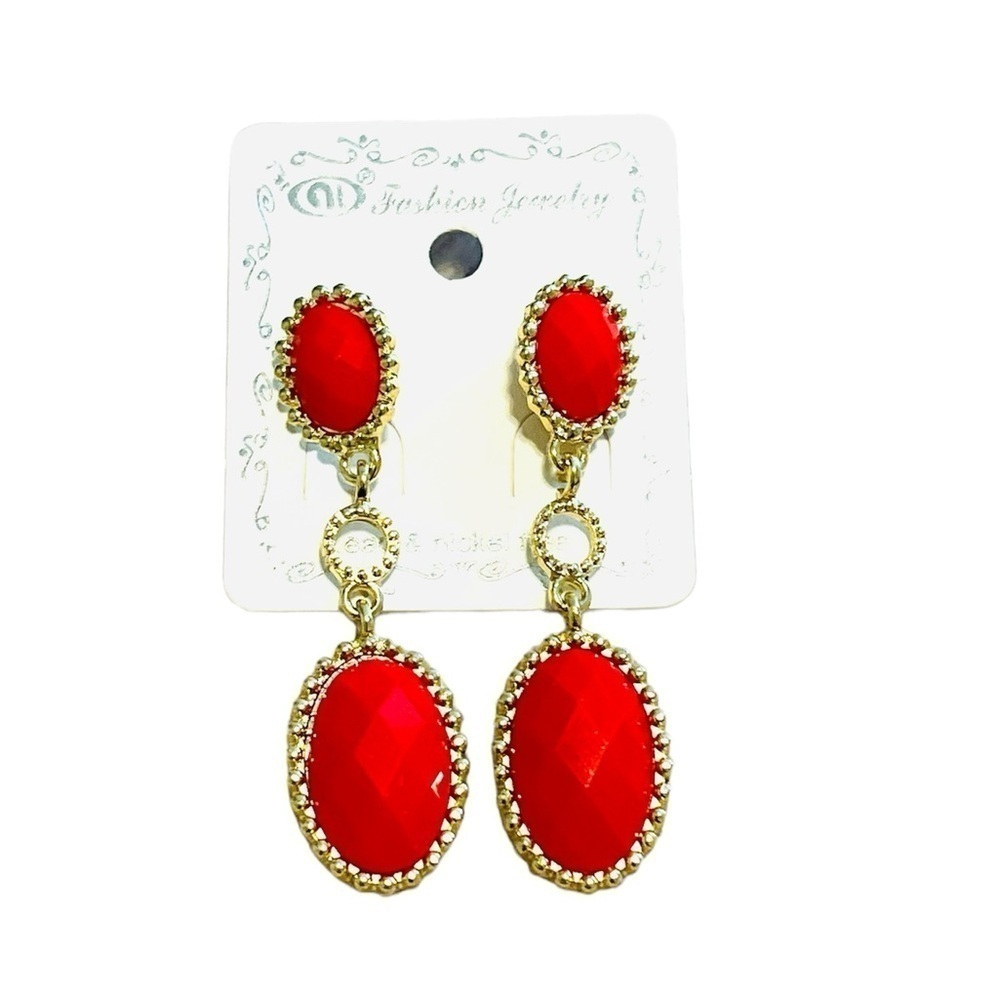 2/$15 Red Gemstone Drop Earrings | Gold Tone Statement Dangle Earrings | NWT